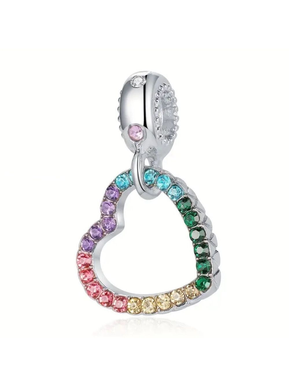 New Silver Heart Rainbow CZ Rhinestone Charm Bracelet Bead
